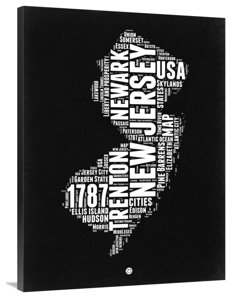 "New Jersey Black and White Map" Fine Art Print