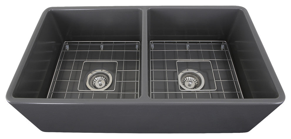 Nantucket Sinks 33'' Double Bowl Gray Fireclay Farmhouse Sink