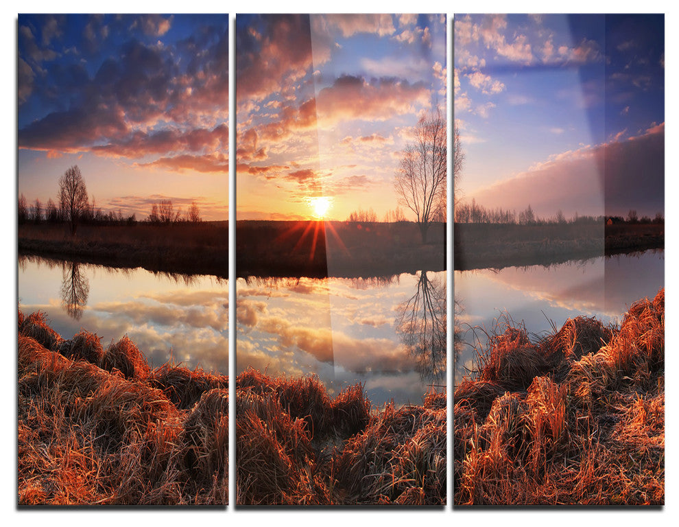 "Sunrise Above Spring River" Photo Metal Wall Art, 3 Panels, 36"x28"