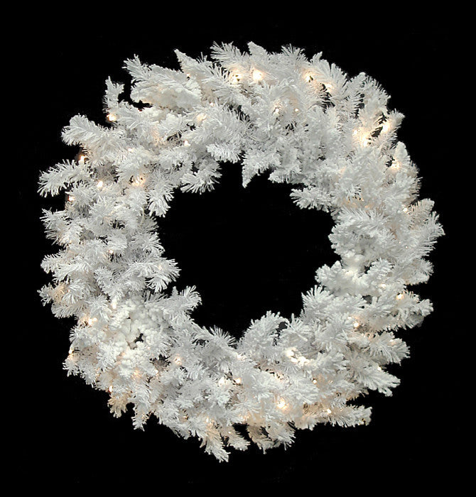 72" Pre-Lit LED Flocked White Spruce Christmas Wreath, Warm Clear Lights