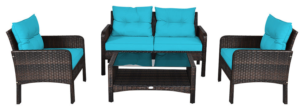 Costway 4PCS Patio Rattan Furniture Set Loveseat Sofa Table Turquoise Cushion
