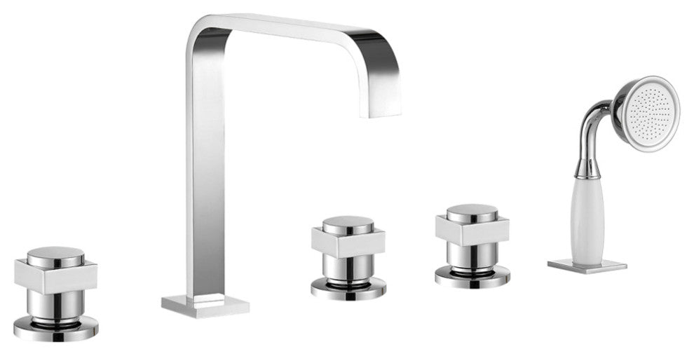 Vikran Triple Handle Deck-Mount Roman Tub Faucet Trim With Handshower, Polished Chome