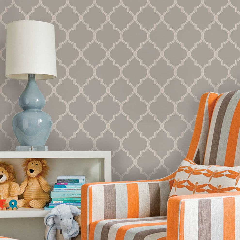 Moroccan Peel and Stick Vinyl Wallpaper, Warm Gray, 24" X 60"
