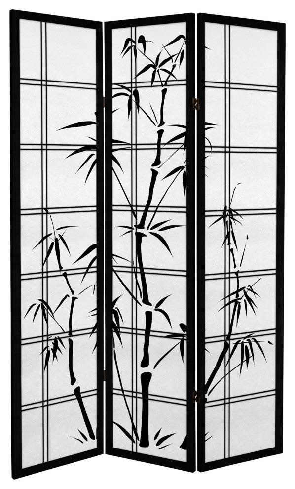 6' Tall Canvas Bamboo Tree Room Divider, Black, 3 Panels