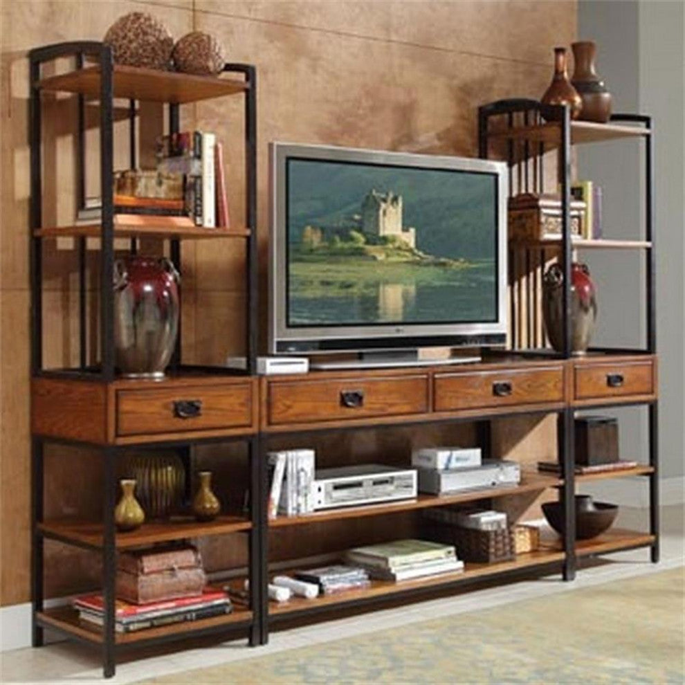 Homestyles Modern Craftsman Wood Media Stand in Brown Oak