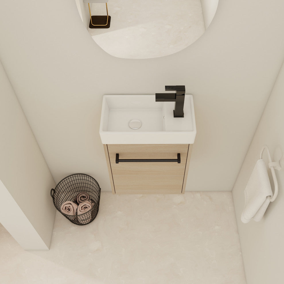 GDF Studio 16" Wall-Mounted Vanity, Ceramic Sink & Soft-Close Cabinet, Light Oak
