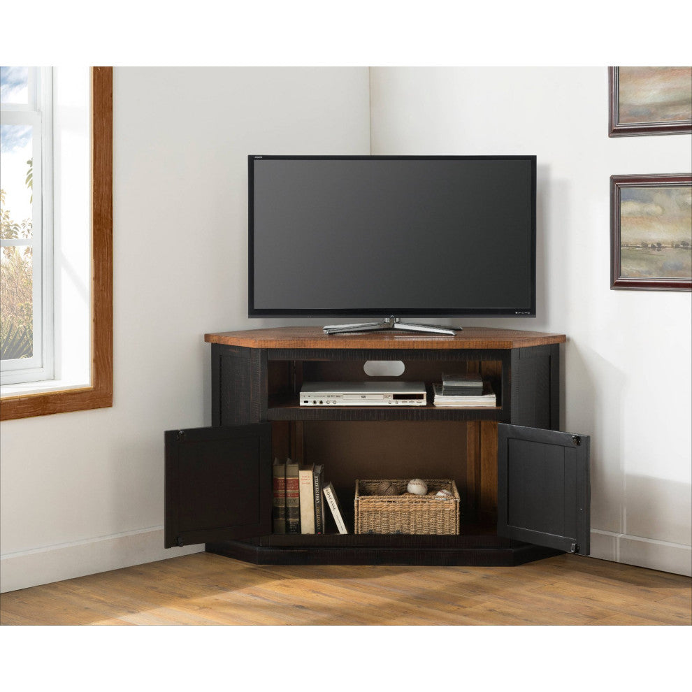 Rustic Corner TV Stand, Fits 55" TVs with Open Shelf, and Storage Cabinet, Antique Black/Honey