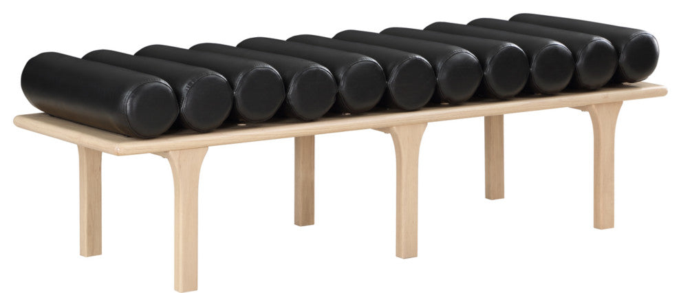 Landon Faux Leather Bench, Black, Natural Oak Finish