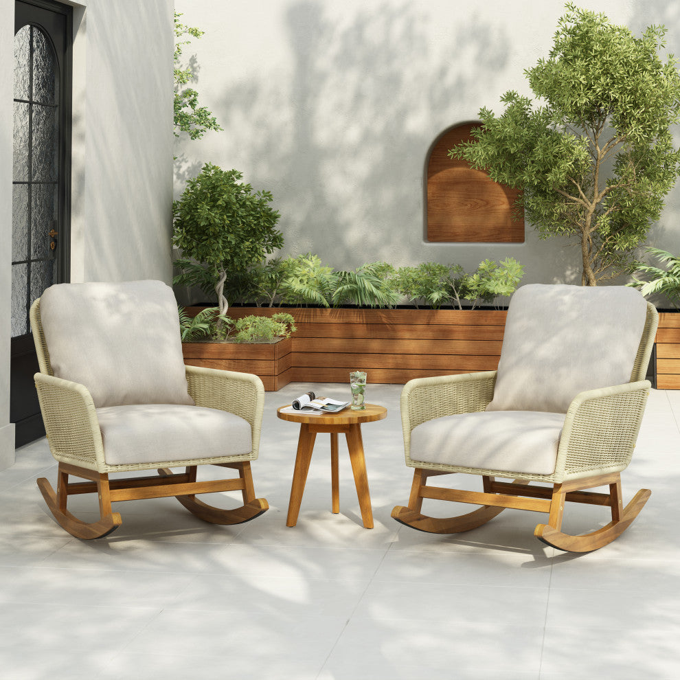 CKH Outdoor 3-Piece Rocking Chair Set with Cushions & Table, Ivory/Natural