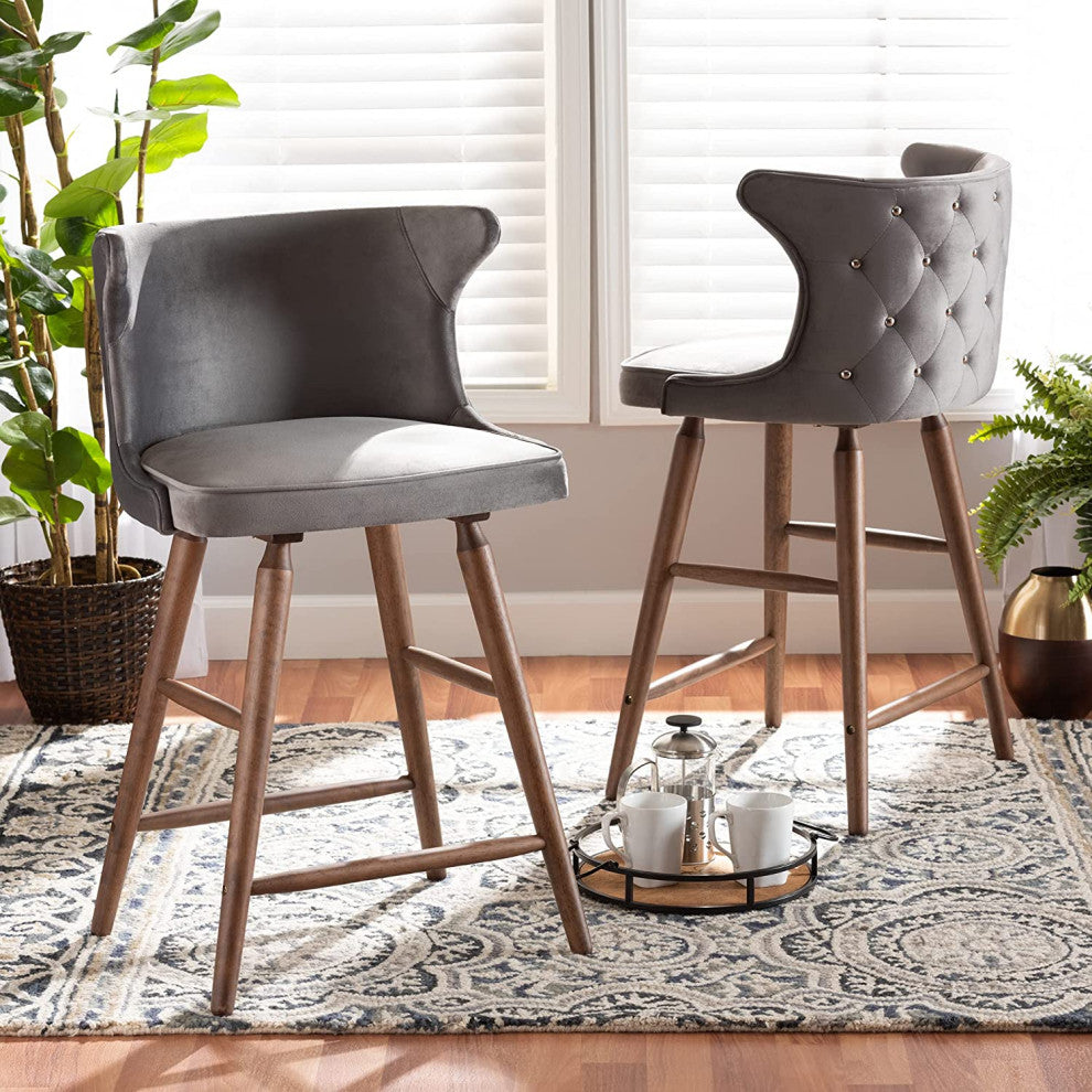 Set of 2 Counter Stool, Velvet Seat & Curved Back With Jewelry Tufting, Grey