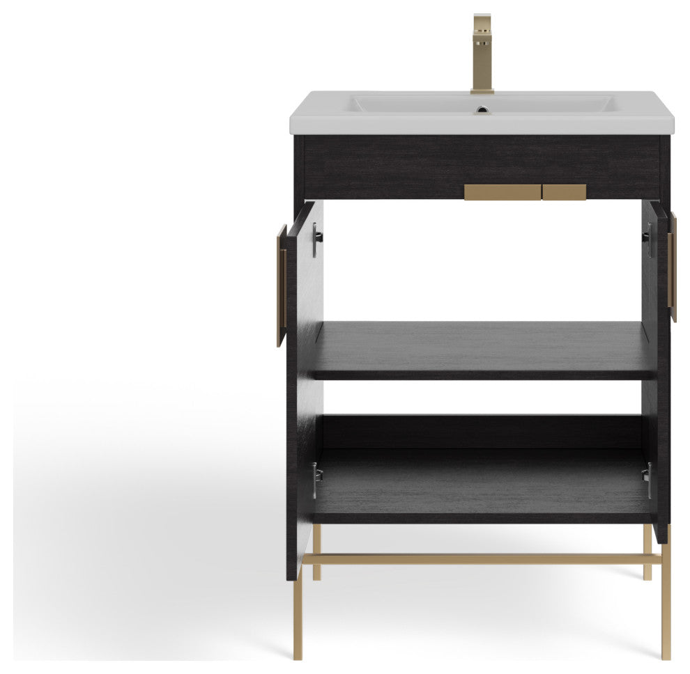 Lockhart Bath Vanity, Black Oak, 24", Satin Brass Hardware, Single Sink, Freestanding