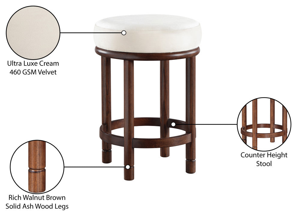 Monette Upholstered Bar and Counter Stool, Cream, Velvet, Brown Finish