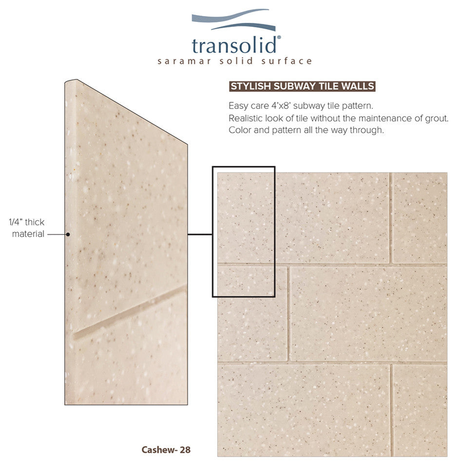 Transolid SaraMar 36" X 48" X 72" Glue to Wall 3-Piece Shower Wall Kit, Cashew