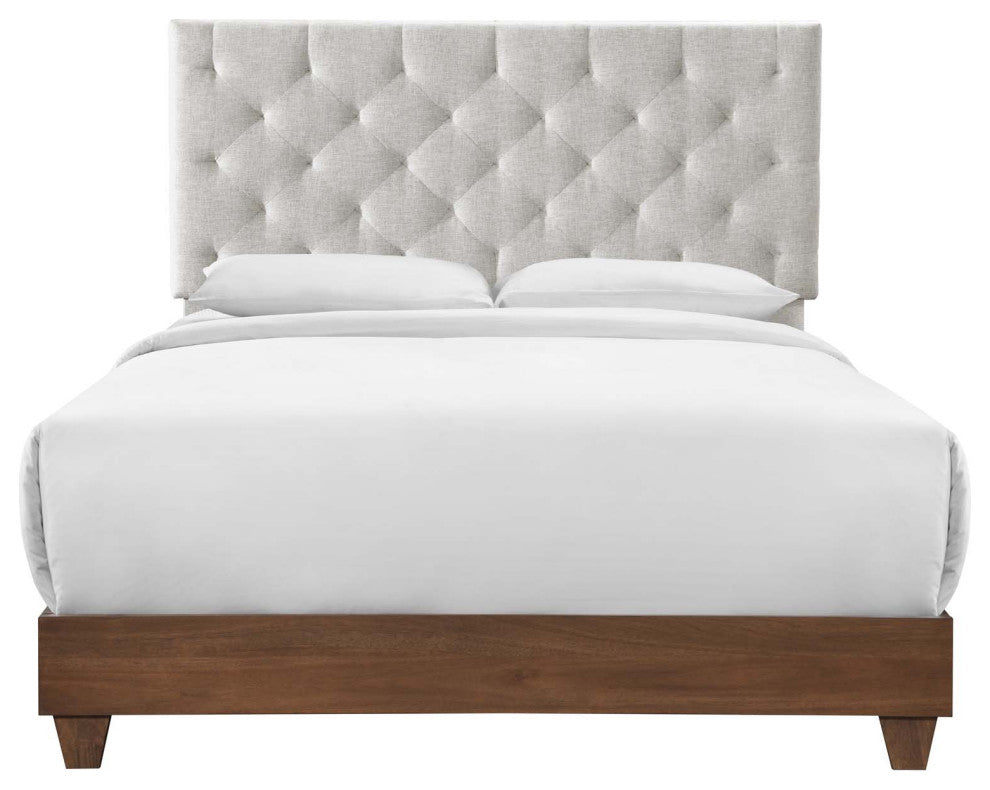Rhiannon Diamond Tufted Upholstered Fabric Queen Bed - Walnut Beige