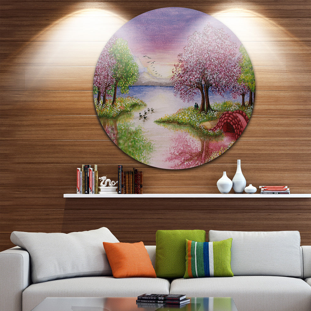 Romantic Lake In Pink And Green, Round Metal Wall Art Landscape, 36"