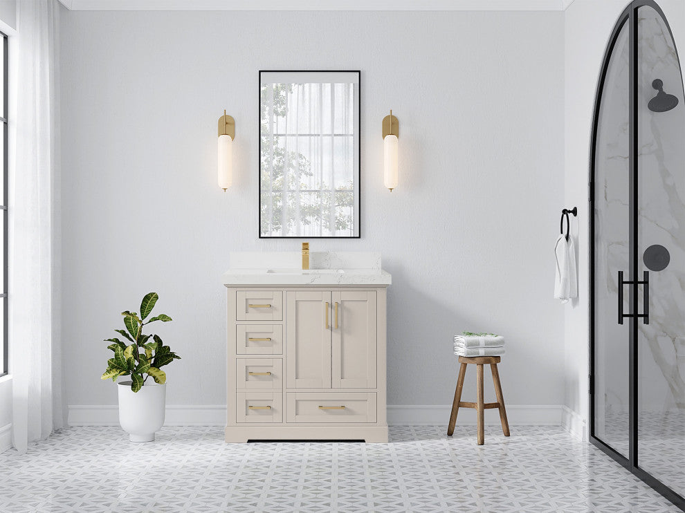 Boston 36" Center Sink Bath Vanity in Fine Grain 2" Empira Quartz