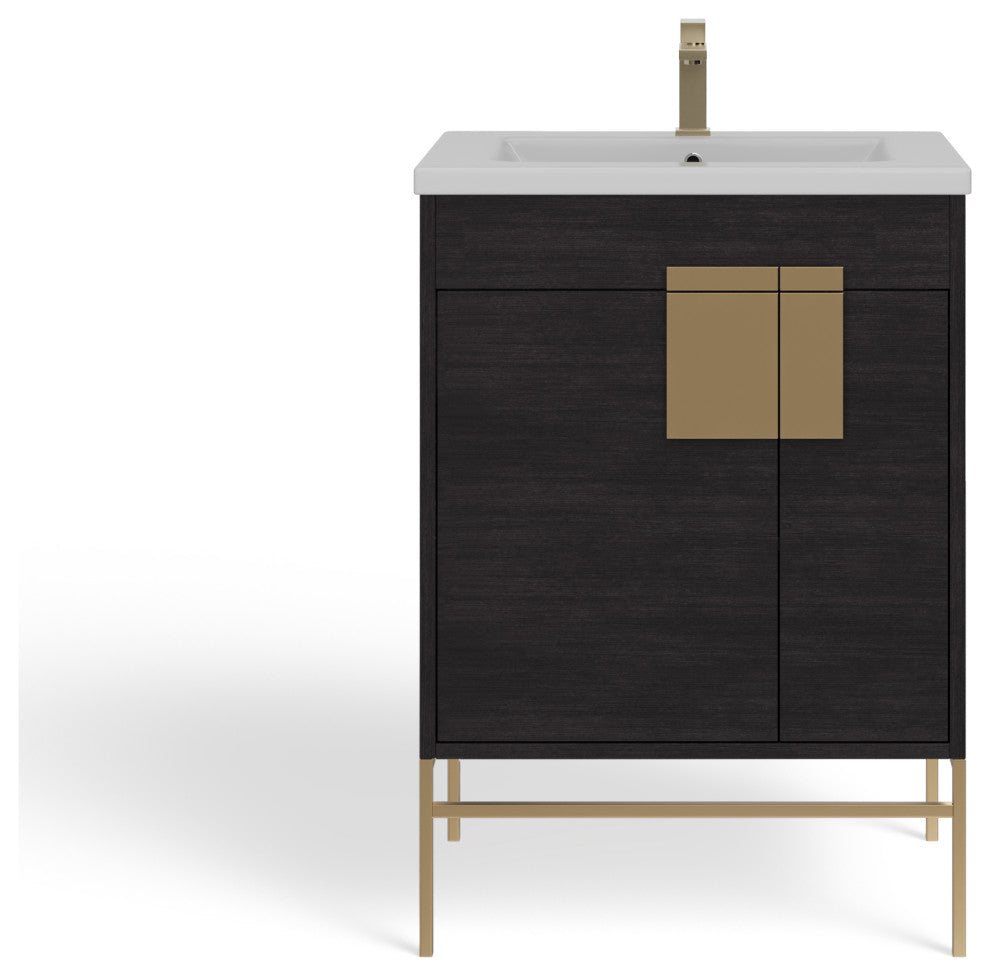 Lockhart Bath Vanity, Black Oak, 24", Satin Brass Hardware, Single Sink, Freestanding