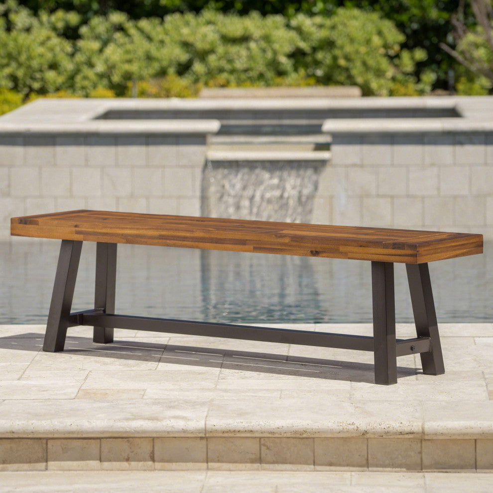 GDF Studio Colonial Outdoor Sandblack Finish Acacia Wood and Rustic Metal Bench