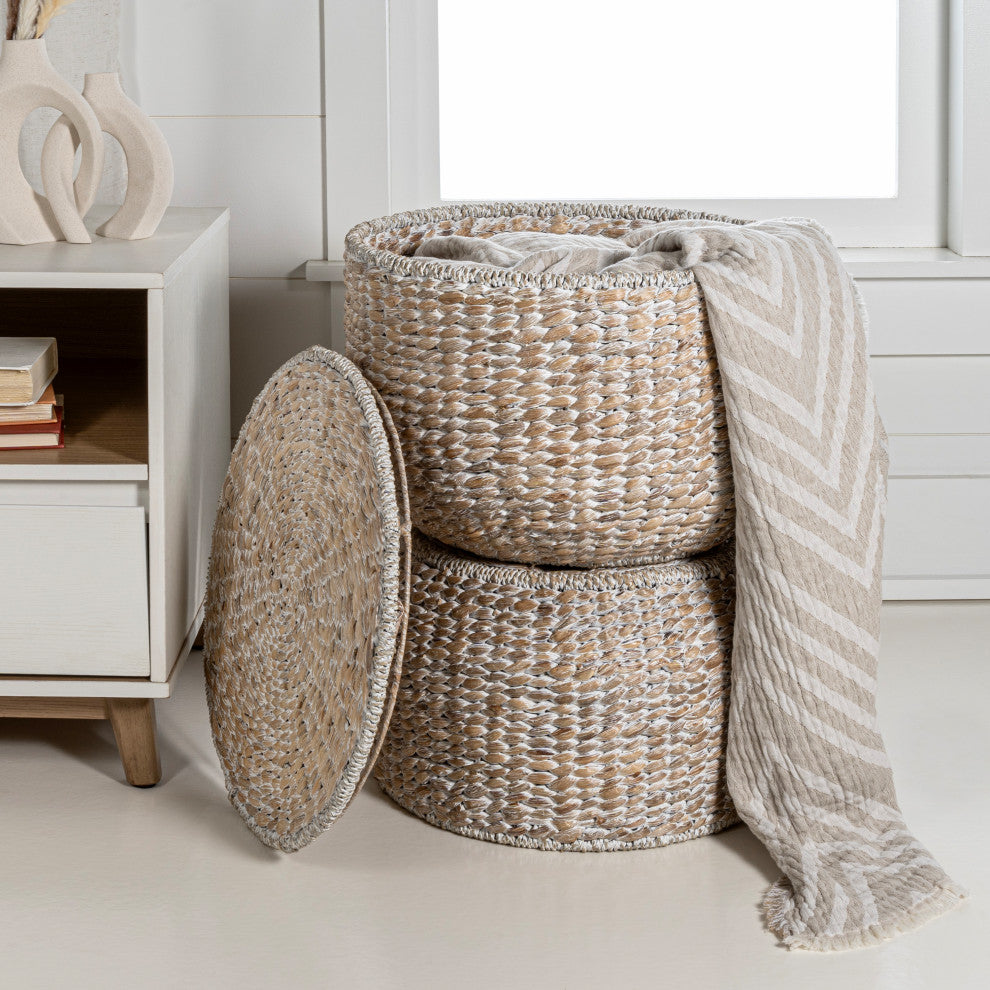Bhola Hourglass Handwoven Hyacinth Storage Accent Table with Lid, White Wash
