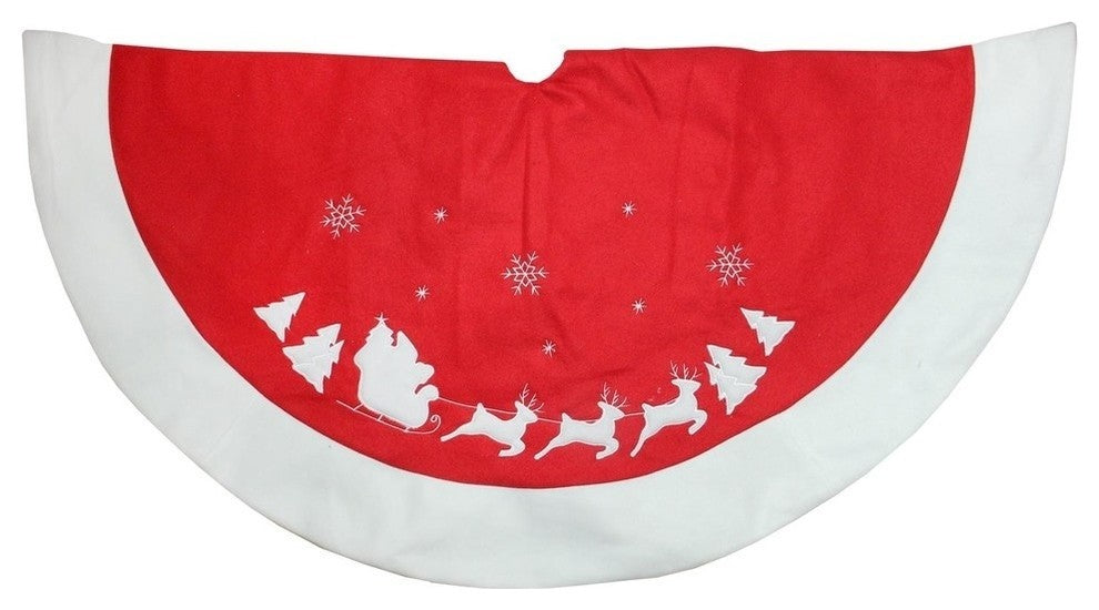 46" Red and White Santa Claus and Reindeer Embroidered Christmas Tree Skirt