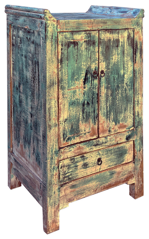 Distressed Teal Green Narrow Point Edge Side Table Credenza Cabinet