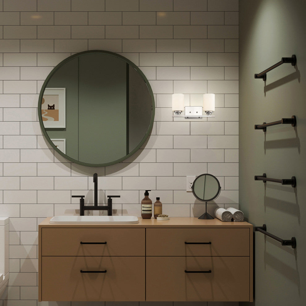 2-Light Brushed Nickel Vanity Lights With White Etched Glass Shades