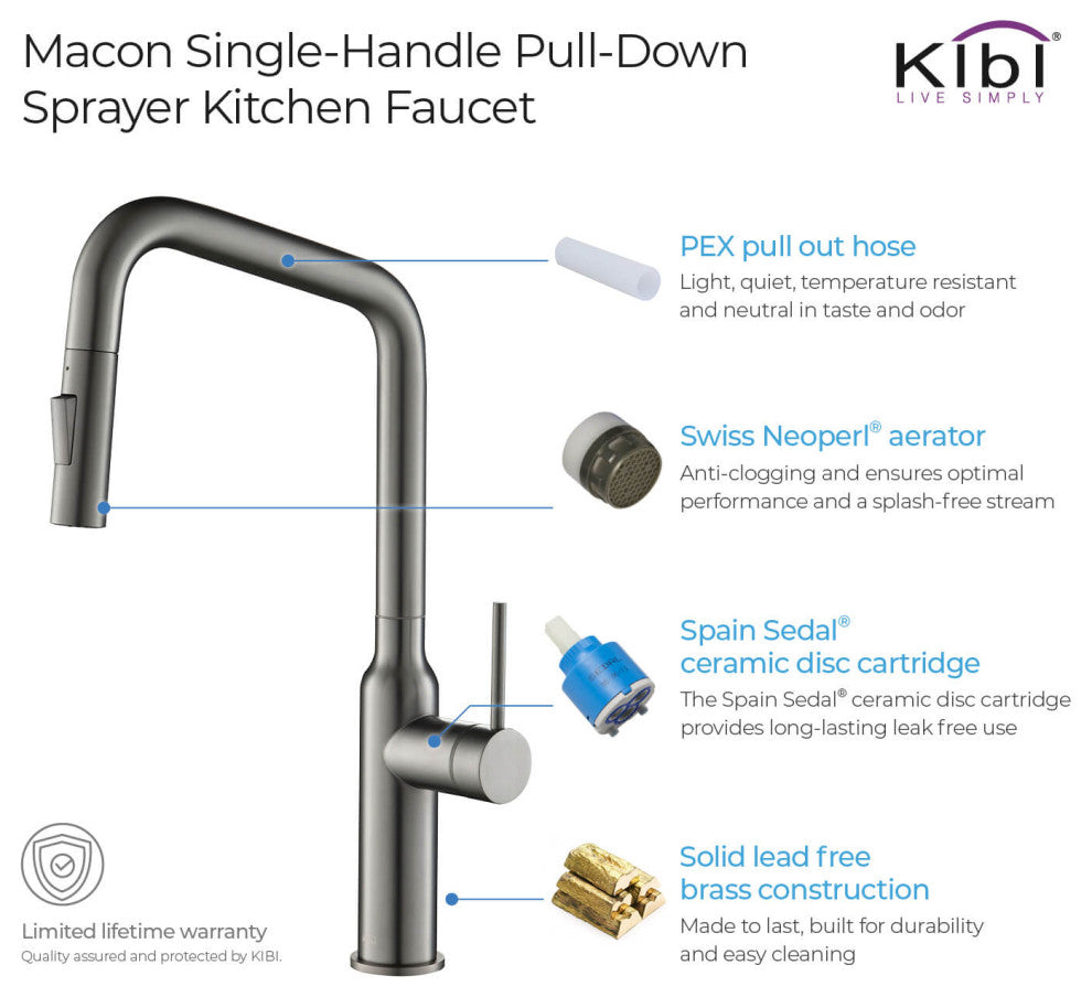 Macon Single Handle Pull Down Kitchen Faucet, Titanium, W/ Soap Dispenser