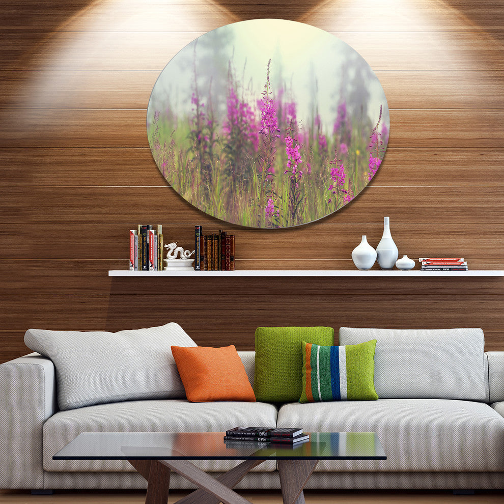 Purple Summer Flowers In Foggy Field, Floral Disc Metal Wall Art, 11"