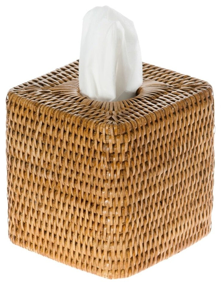 La Jolla Rattan Square Tissue Box Cover, Honey-Brown