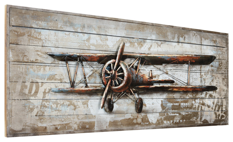 "Model Airplane" Metallic Handed Painted Rugged Wooden Blocks Wall Art