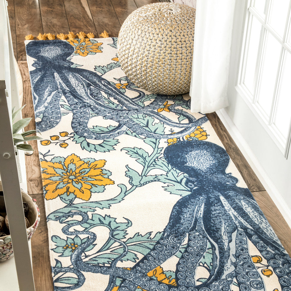 Nuloom Flatweave Cotton Giant Octopus Area Rug, Blue Multicolor 2'8"x8'Runner