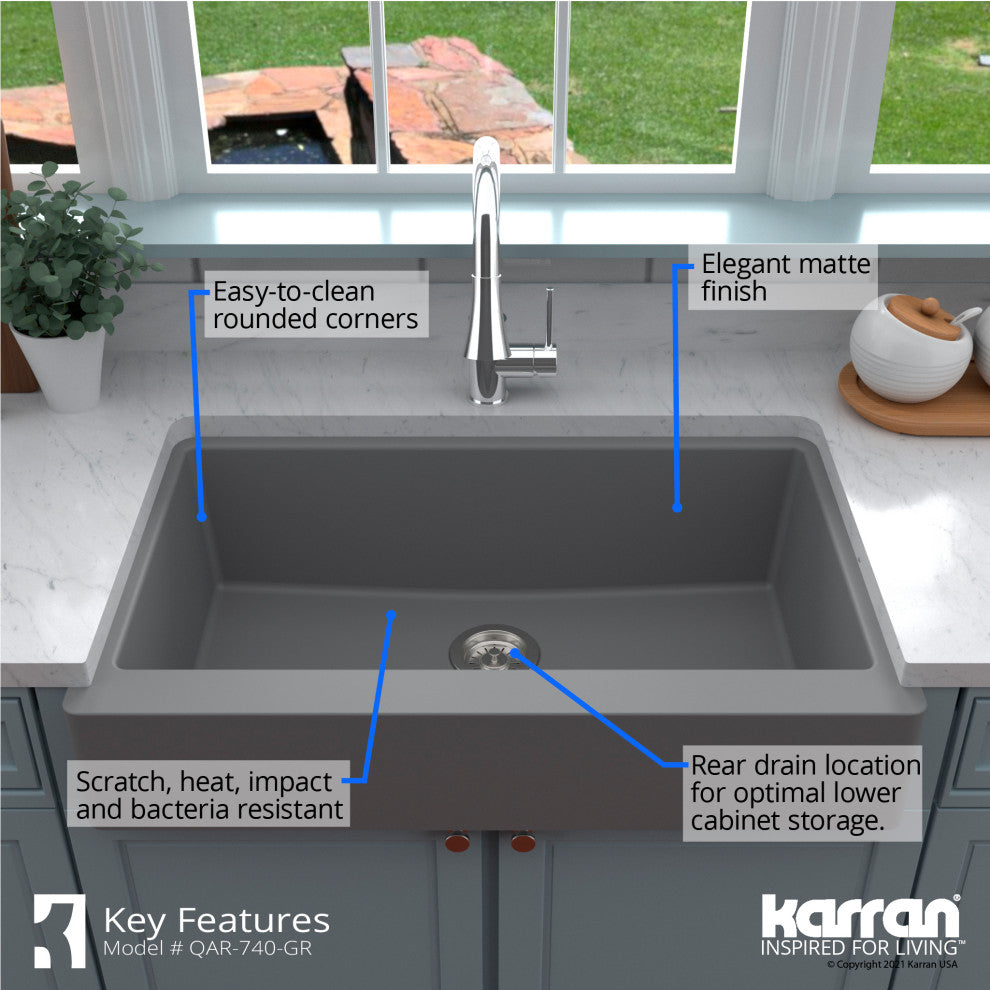 Karran Retrofit Farmhouse Quartz 34" Single Bowl Sink, Grey