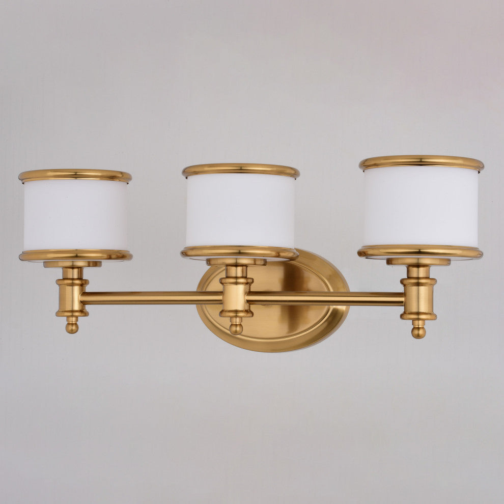 Carlisle Vanity Light, Natural Brass, White Frosted Opal Glass, 3-Light