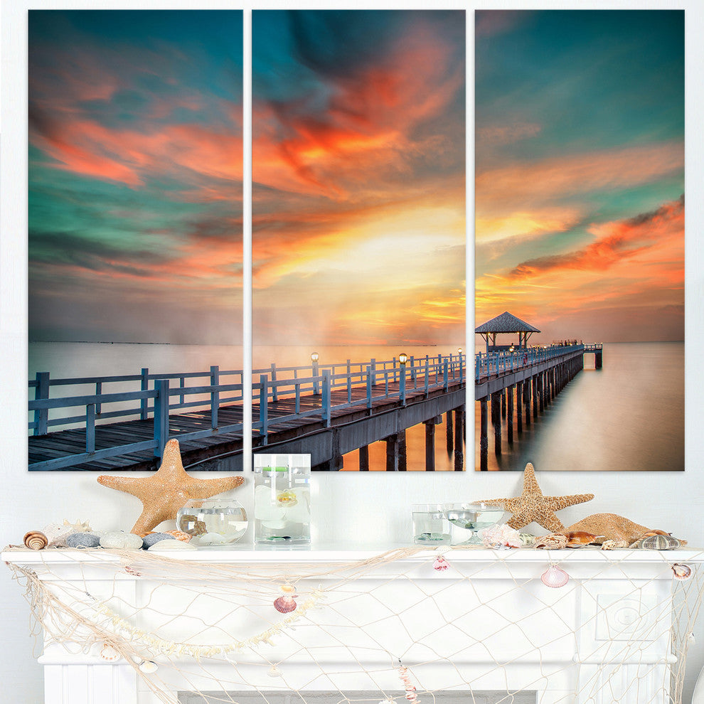 "Fascinating Sky and Wooden Bridge" Sea Pier Metal Wall Art, 3 Panels, 36"x28"