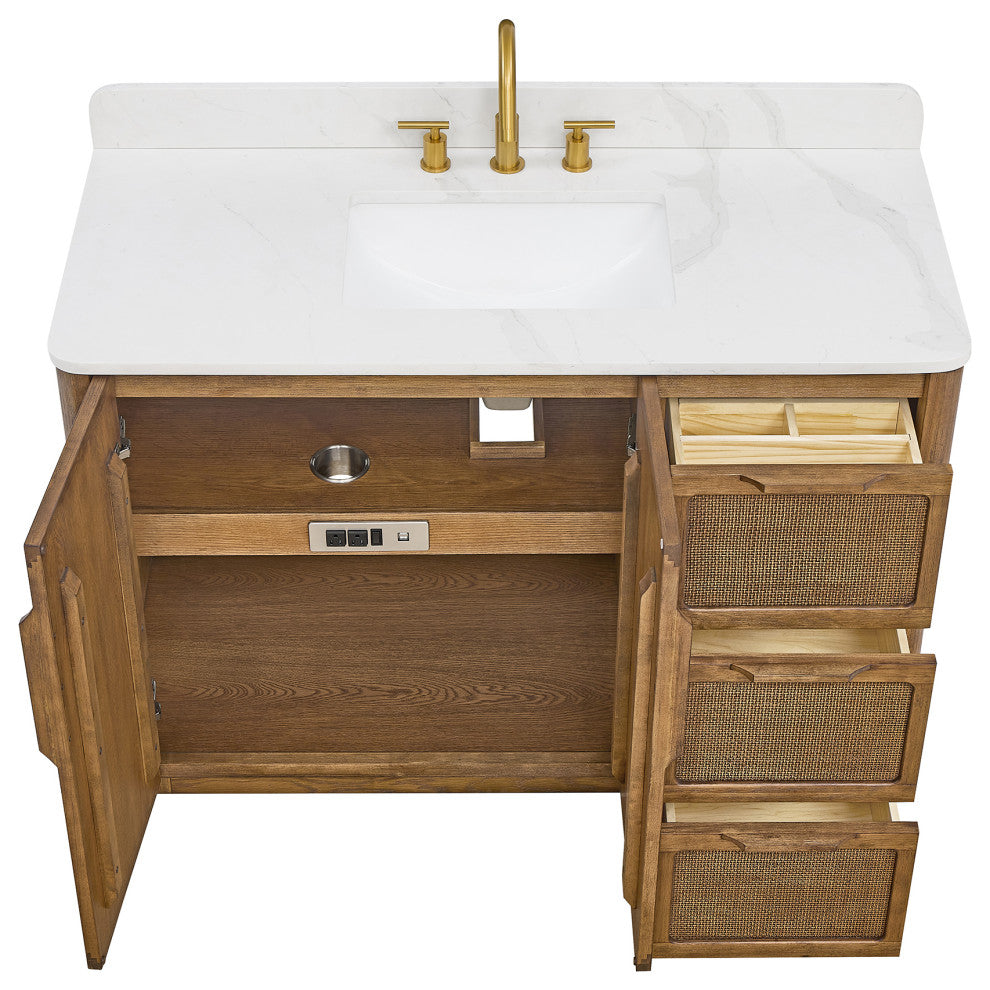 Busan Bath Vanity, Quartz Top No Mirror, Oak Classic Brown, 48", Single Vanity