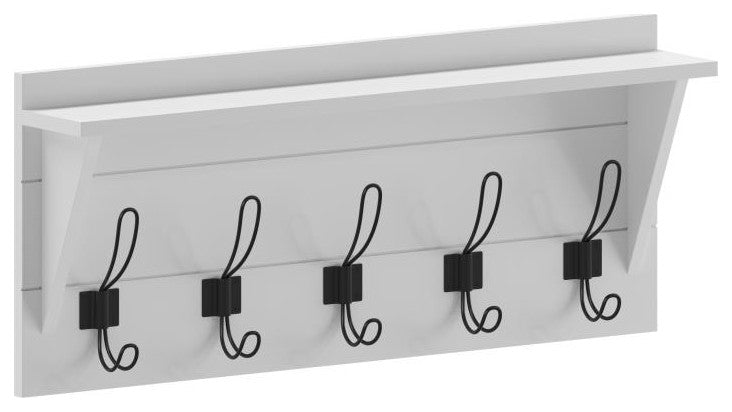 Daly Wall Mounted Solid Pine Wood Storage Rack With Upper Shelf and 5 Hooks, Solid White