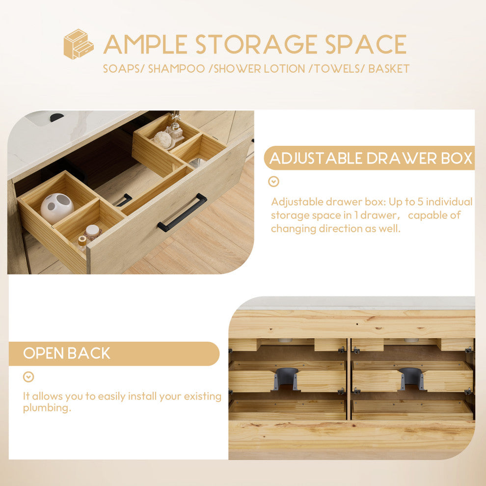 Porto Bath Vanity with White Quartz Stone Top, Natural Oak, 60 in., No Mirror