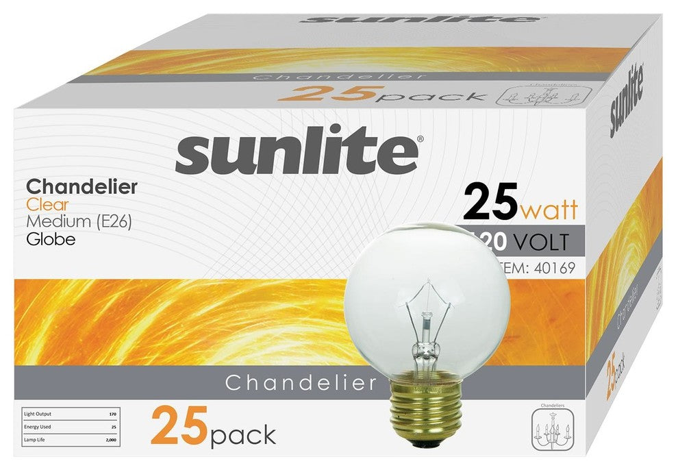 Sunlite Incandescent 25 Watt G19 Globe 180 Lumens Clear Light Bulb, Pack of 25