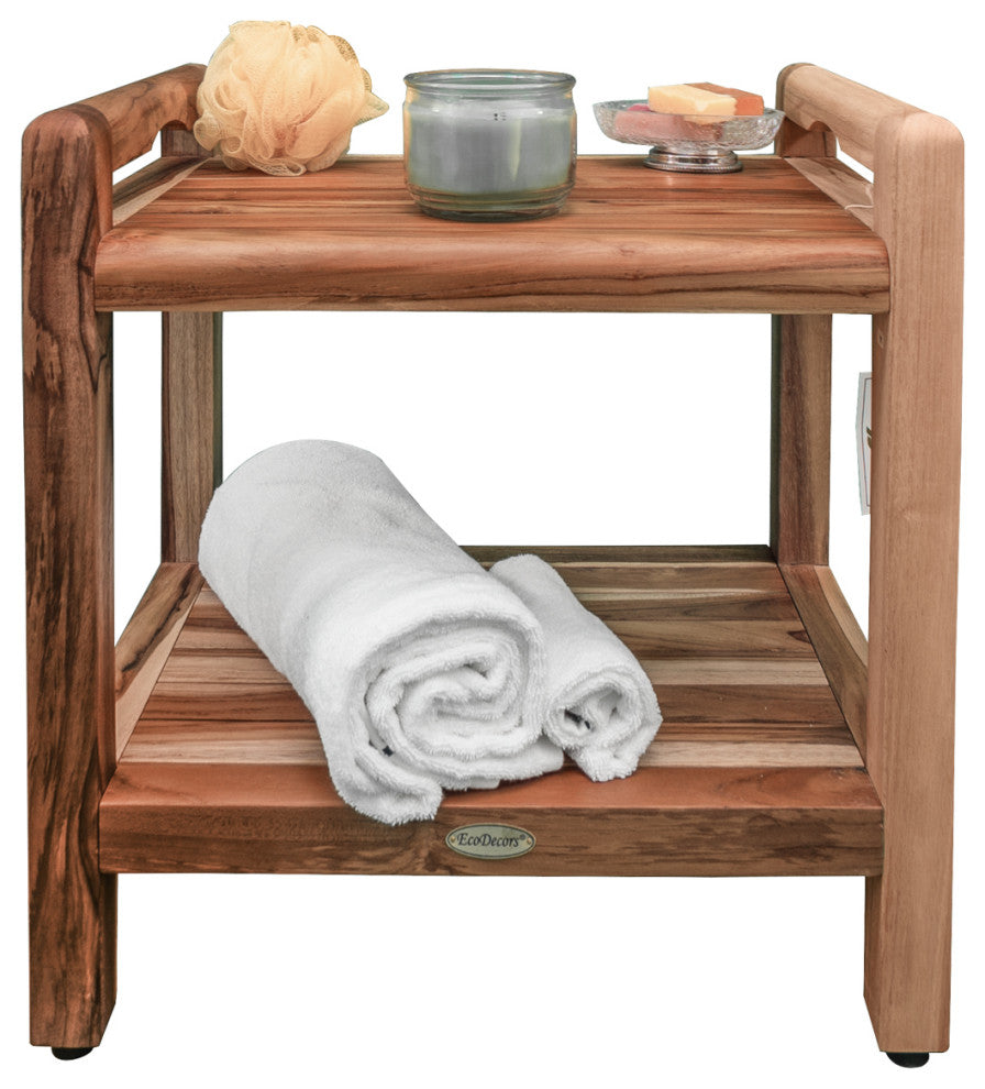 EcoDecors EarthyTeak Classic Shower Bench, Shelf and LiftAide Arms, 18"