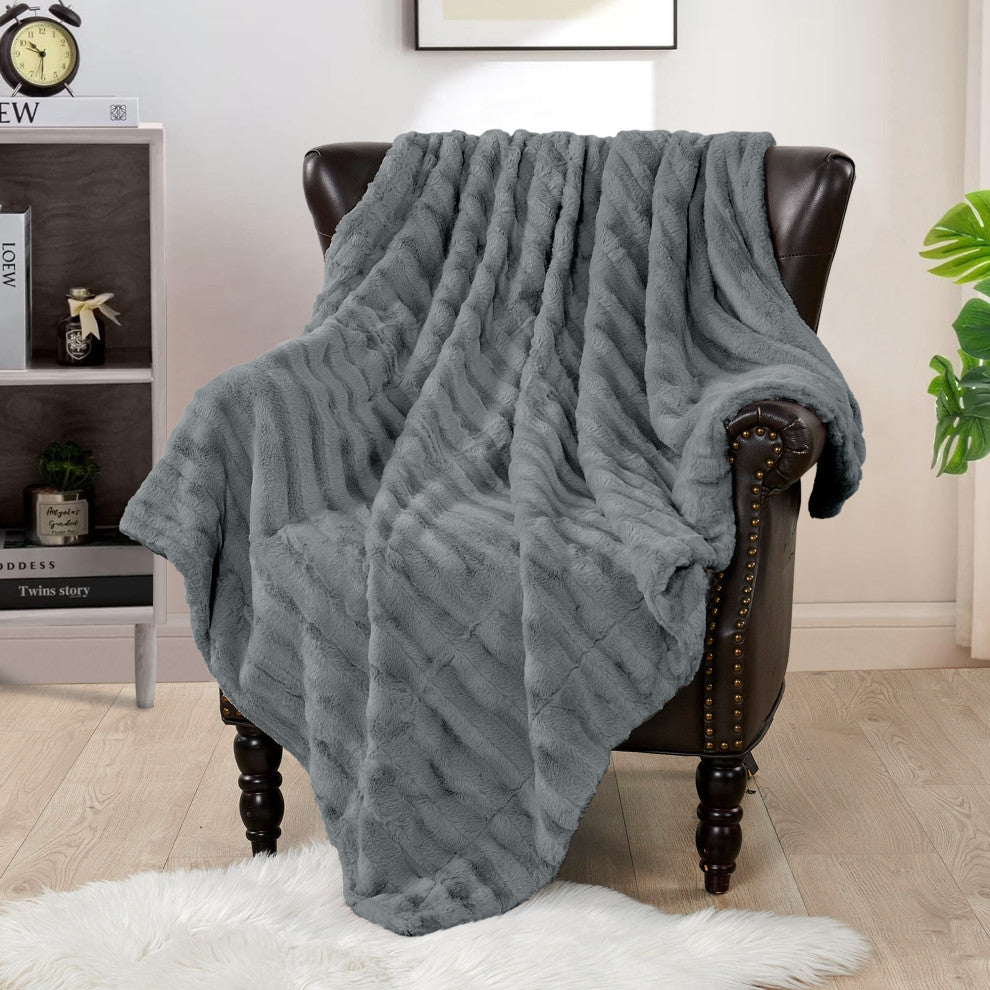 Derby Double Sided Faux Fur Throw Blanket, Charcoal