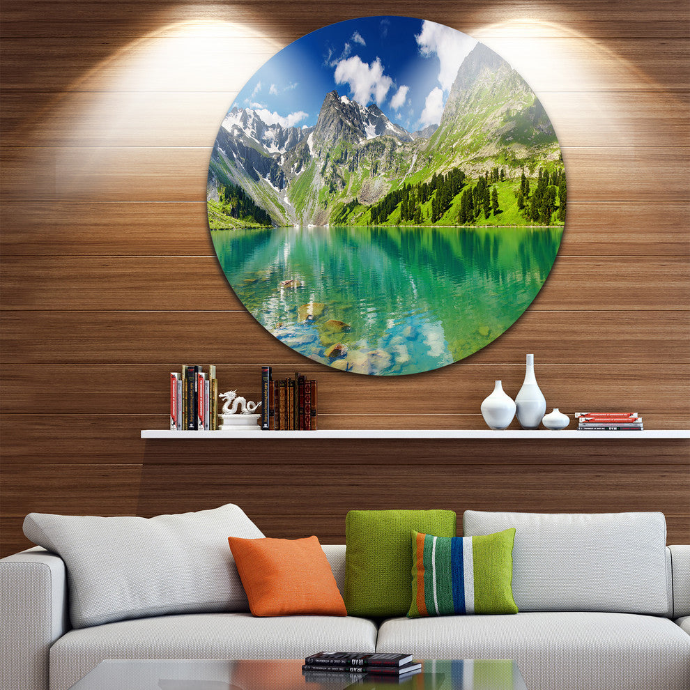 Bright Day Mountain Lake, Photography Large Disc Metal Wall Art, 36"