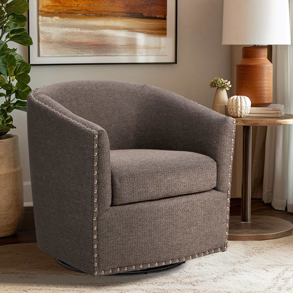 Madison Park Tyler Upholstered Swivel Barrel Chair with Nailheads, Chocolate