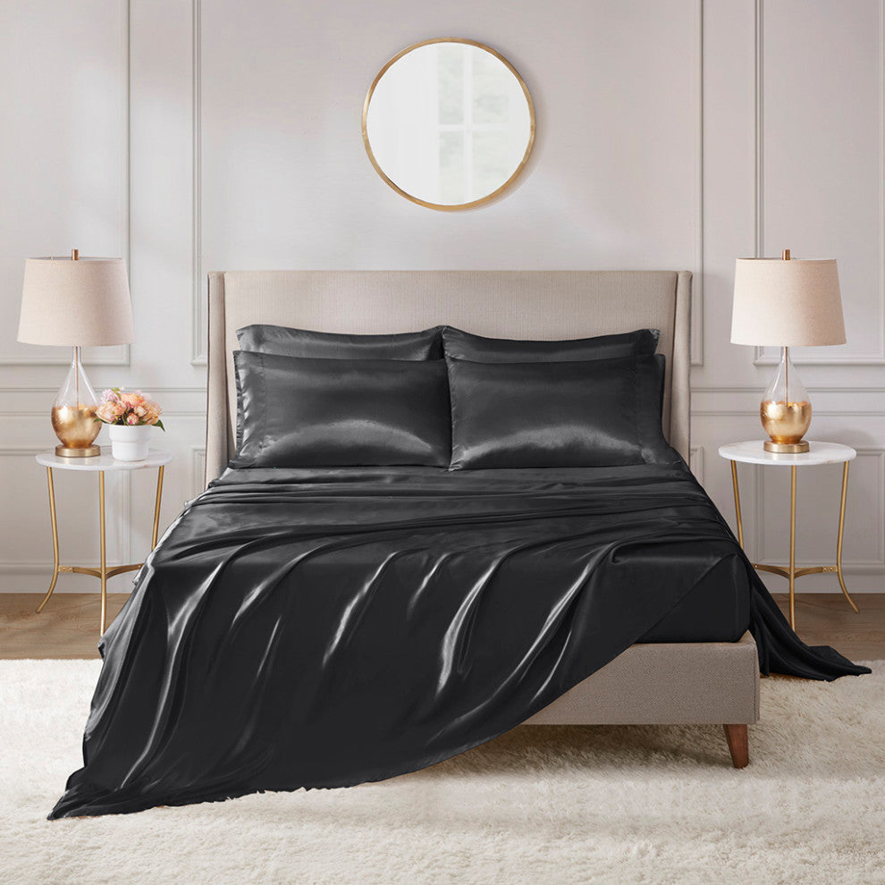 Madison Park Essentials Satin Luxury 6 PC Sheet Set, Black