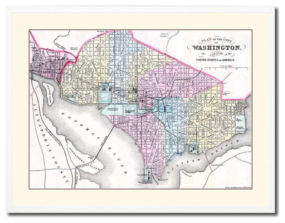 Washington DC Vintage Old Map Print On Canvas With Picture Frame 28" X 37"