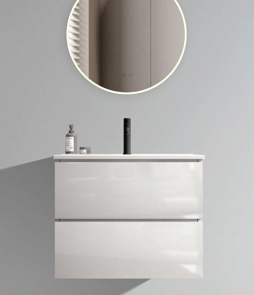 Wall-Mounted Bathroom Vanity Set with Ceramic Sink with one faucet hole, Glossy White