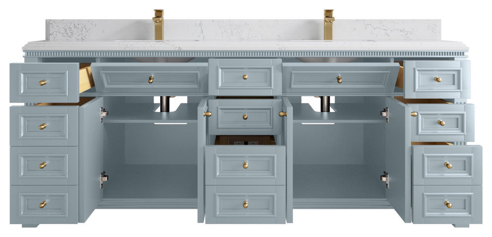 Paris 84" Double Sink Bathroom Vanity, Blue Heather 1.5" Empira Quartz