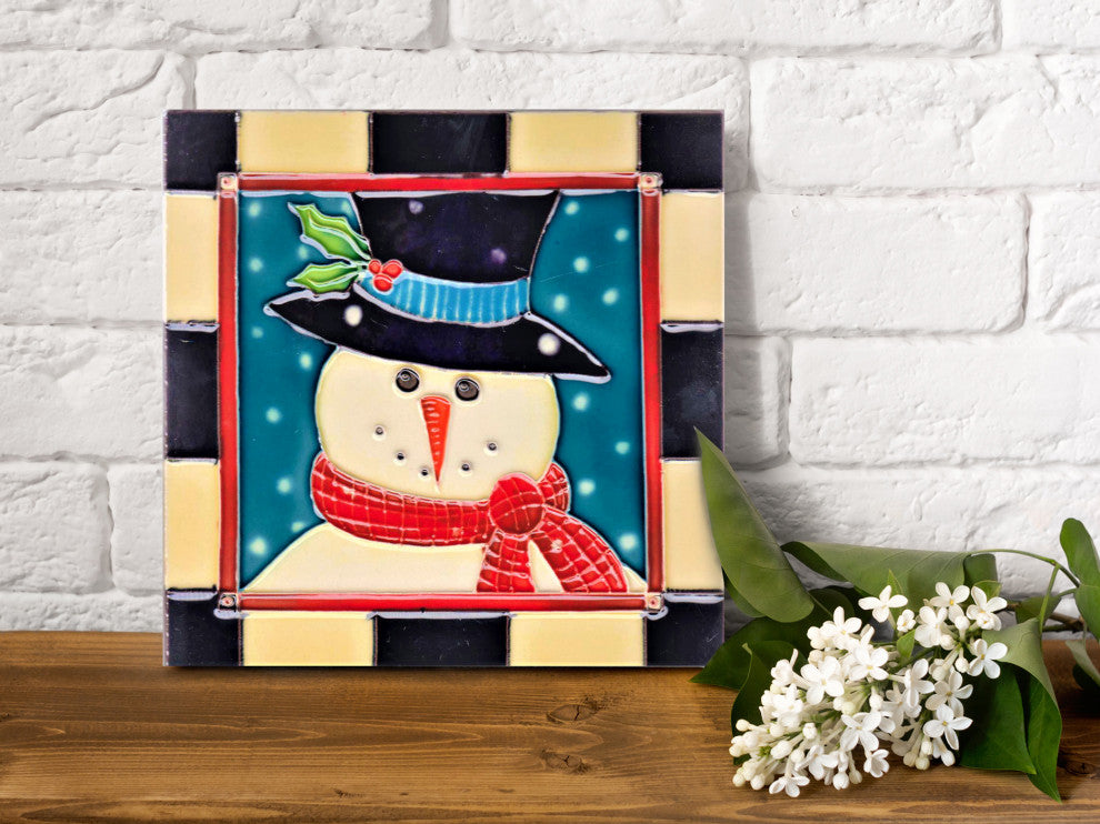 8x8" Snowman With Checker Background Ceramic Art Tile Painted Trivet Hot Plate