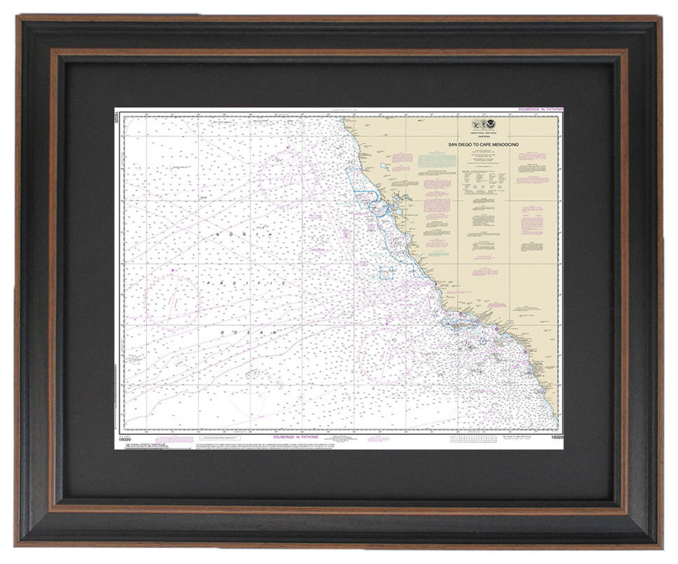 Poster Size Framed Nautical Chart; San Diego to Cape Mendocino
