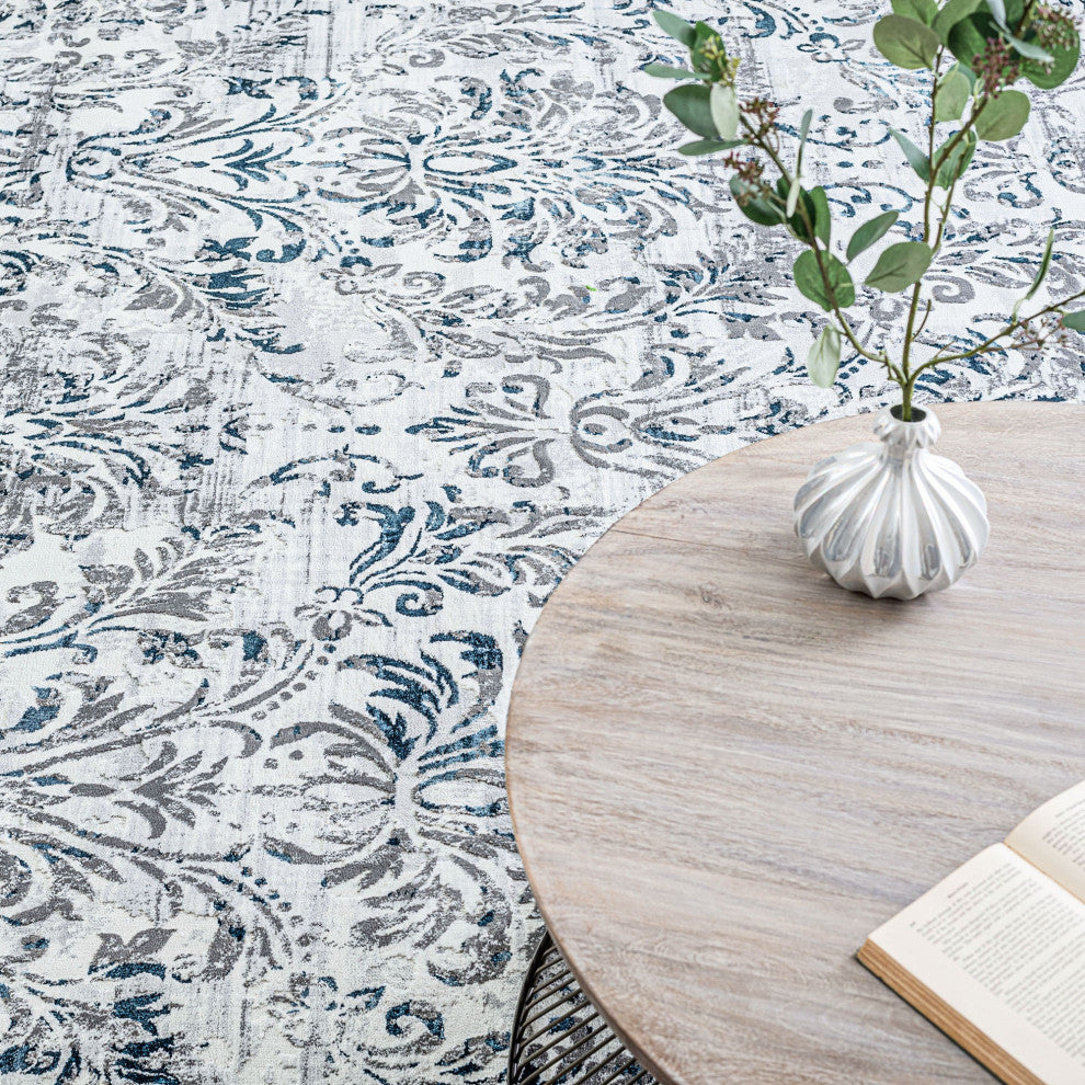 Kathryn Transitional Damask Area Rug, Blue, 5'x7'