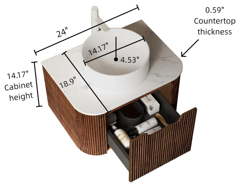 Wall-Mounted Bathroom Vanity With White Round Ceramic Basin, Walnut, 24"